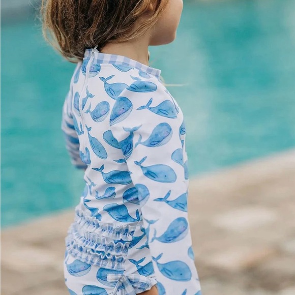 Sugar Bee Ruffle Bottom Swimsuit Whales Rashguard Gingham One Piece Size 4t - Picture 2 of 5